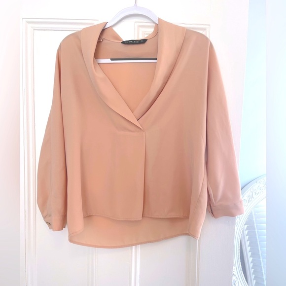 NWOT Zara Basic V Neck 3/4 Sleeve Crop Blouse in Beige/Pink -XS - Picture 3 of 5